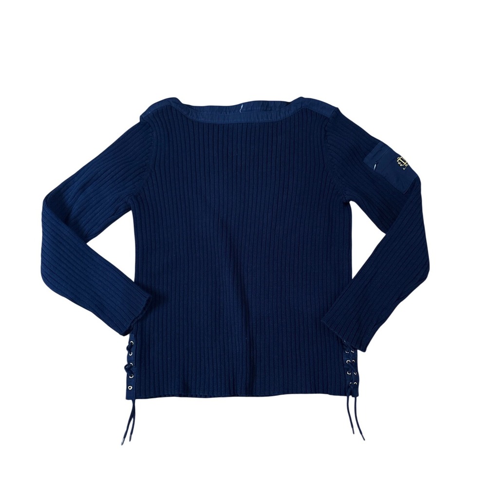 Lauren Ralph Lauren Sweater Women Navy Blue Nautical Lace Up Side SIZE L